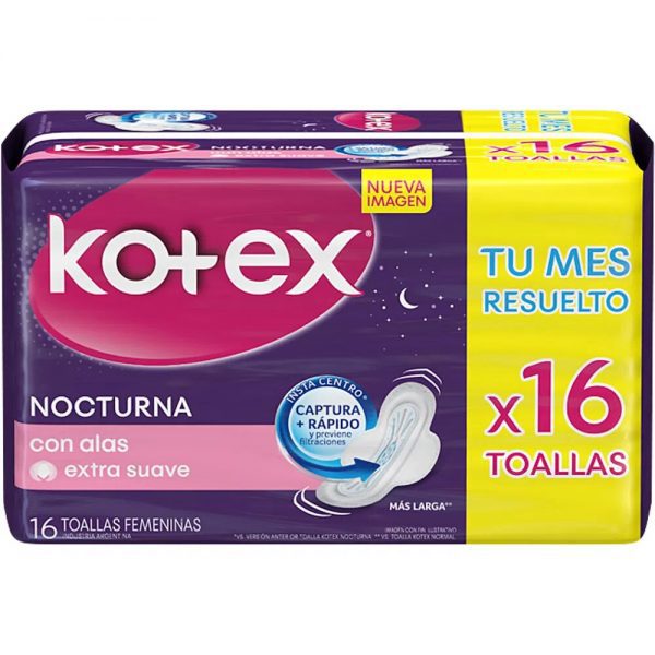 TOALLAS HIGIÉNICAS KOTEX NOCTURNA CON ALAS PACK X16 UNIDADES